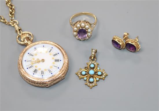 A gold plated fob watch on chain, a 9ct gold and gem set ring, a pair of 9ct gold and amethyst ear studs and a pendant.